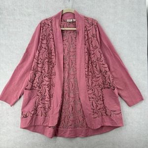 LOGO Lori Goldstein Kimono XL Pink Lace Open Front Slub Pockets‎ Sheer Cardigan